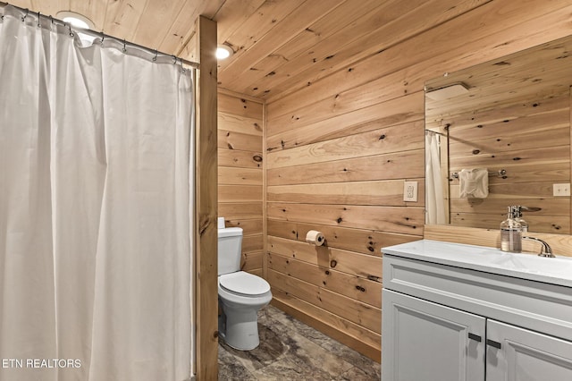 bathroom featuring wooden walls, vanity, wooden ceiling, and toilet