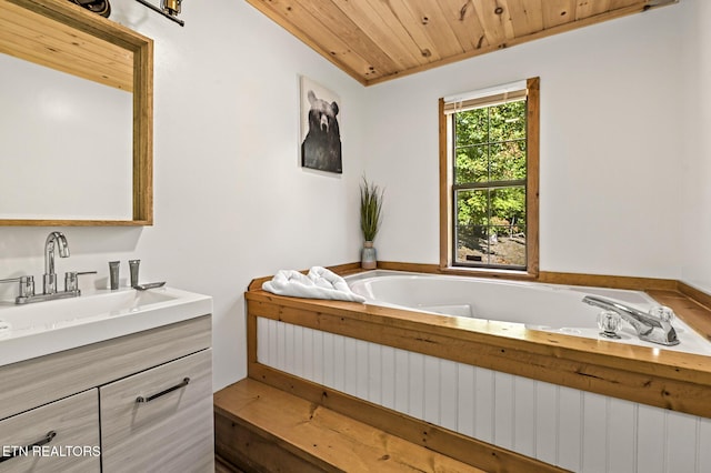 bathroom with a washtub, vanity, and wooden ceiling