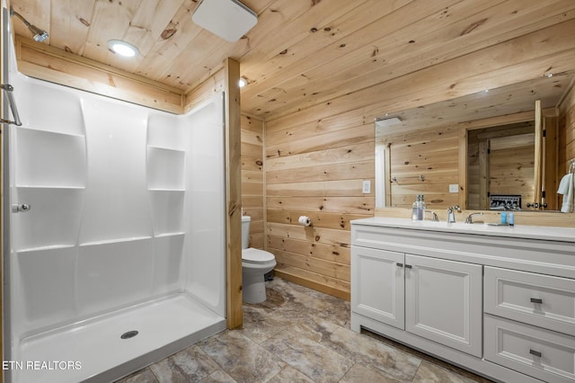 bathroom with vanity, a shower, wooden walls, toilet, and wood ceiling