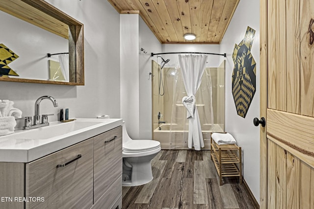 full bathroom with hardwood / wood-style floors, vanity, wooden ceiling, toilet, and shower / tub combo