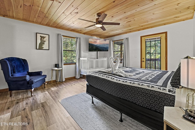 bedroom featuring multiple windows, light hardwood / wood-style floors, ceiling fan, and wooden ceiling