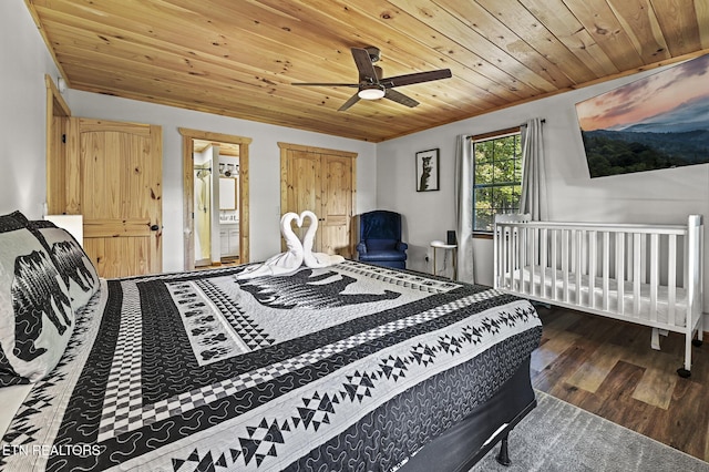 bedroom featuring dark hardwood / wood-style floors, ceiling fan, and wood ceiling