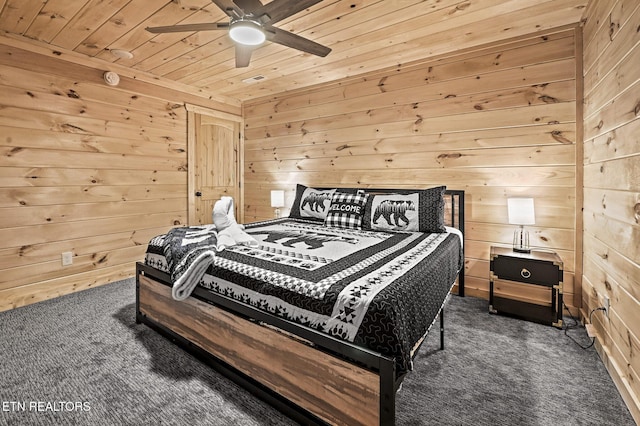 carpeted bedroom featuring ceiling fan, wood walls, and wooden ceiling