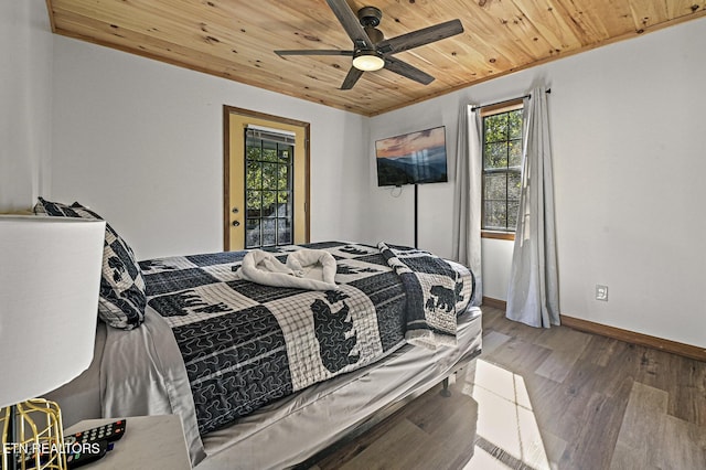 bedroom with ceiling fan, wood-type flooring, and wood ceiling