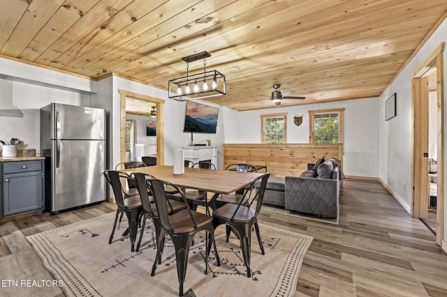 dining area with hardwood / wood-style floors, ceiling fan, and wood ceiling