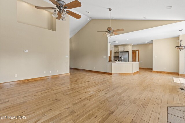 unfurnished living room featuring ceiling fan, light hardwood / wood-style flooring, and high vaulted ceiling