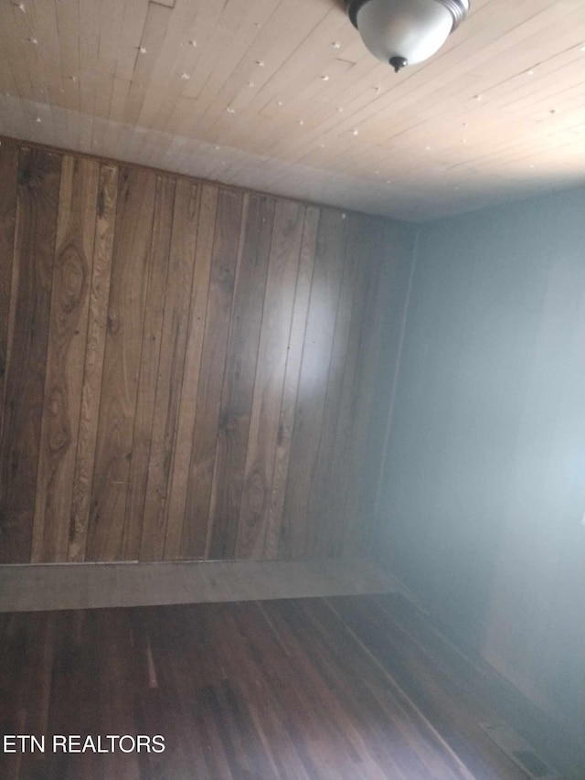 empty room with wood-type flooring, wood ceiling, and wood walls