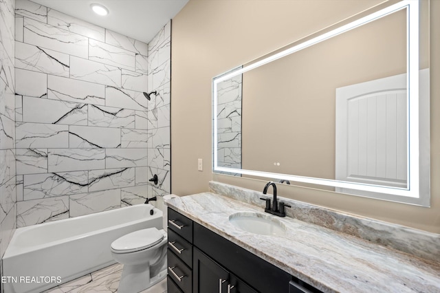 full bath featuring tub / shower combination, marble finish floor, toilet, and vanity