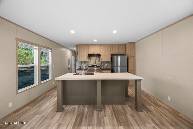 kitchen featuring backsplash, a center island with sink, sink, light hardwood / wood-style flooring, and stainless steel appliances