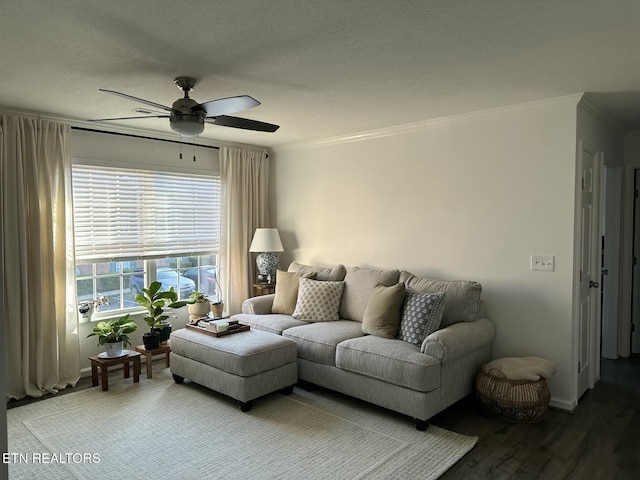 living room with hardwood / wood-style flooring, ceiling fan, crown molding, and a textured ceiling