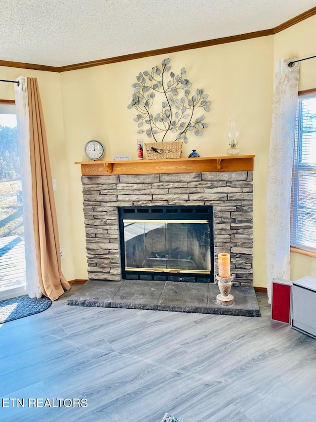 details with a stone fireplace, wood-type flooring, and a textured ceiling