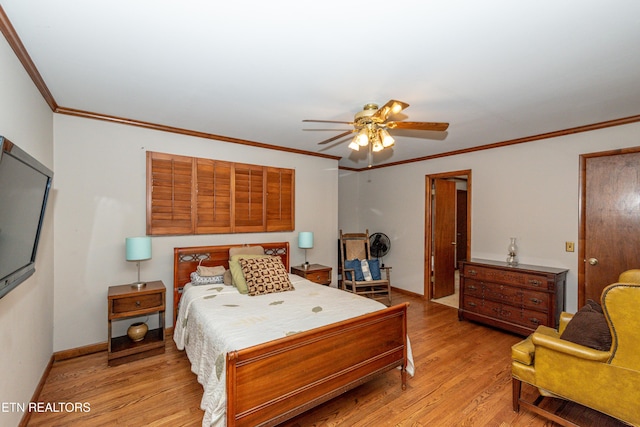 bedroom with ceiling fan, light hardwood / wood-style flooring, and crown molding