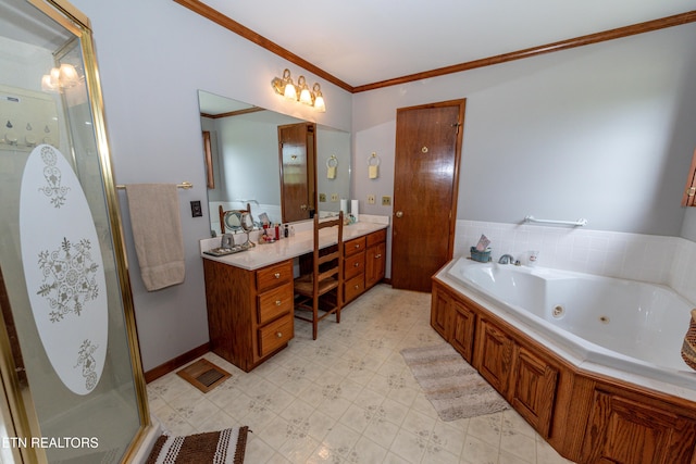 bathroom with shower with separate bathtub, ornamental molding, and vanity