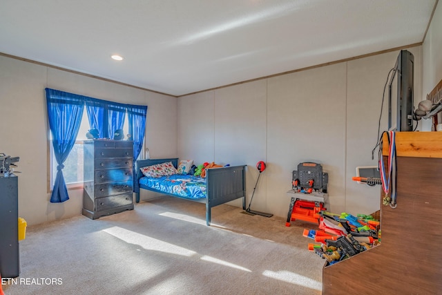 carpeted bedroom with recessed lighting and crown molding