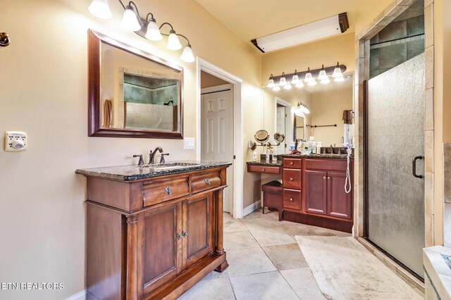 bathroom featuring tile patterned flooring, vanity, and walk in shower