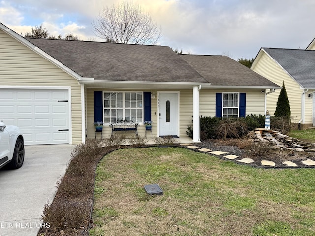 single story home with a porch, a garage, and a front lawn