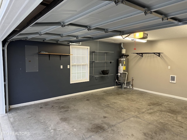 garage featuring electric panel, a garage door opener, and gas water heater