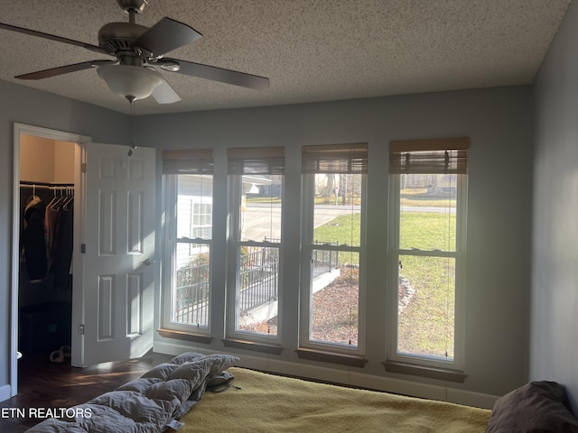 interior space with ceiling fan, a spacious closet, a textured ceiling, and dark colored carpet