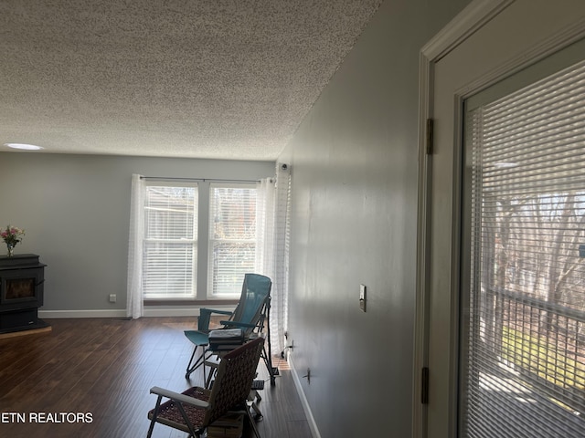 sitting room featuring a wood stove, dark hardwood / wood-style floors, and a textured ceiling