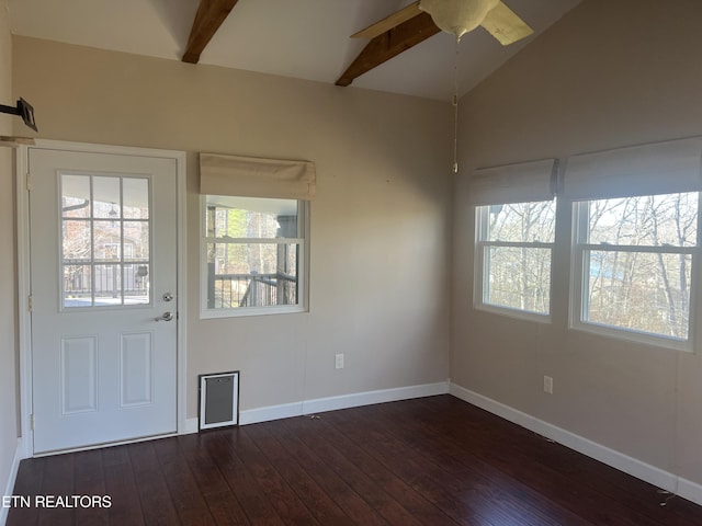 foyer featuring vaulted ceiling with beams, ceiling fan, and dark wood-type flooring