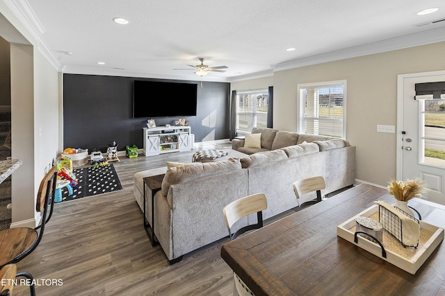 living room featuring ceiling fan, ornamental molding, and dark wood-type flooring