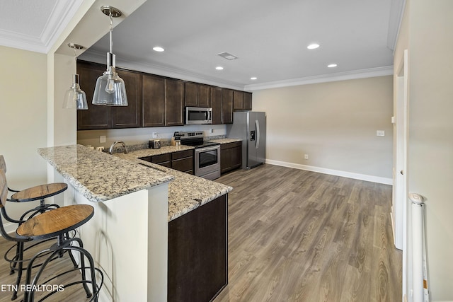 kitchen featuring kitchen peninsula, appliances with stainless steel finishes, light stone countertops, a breakfast bar, and decorative light fixtures