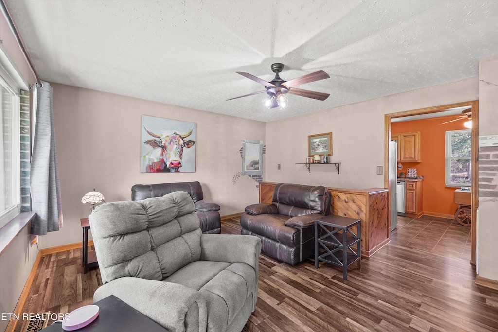 living room featuring dark hardwood / wood-style floors and a textured ceiling