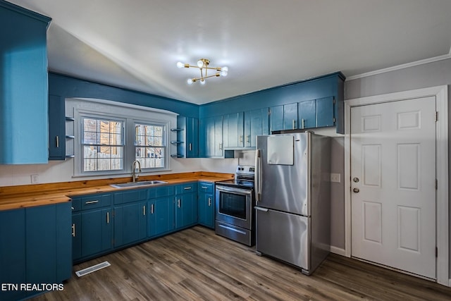 kitchen with blue cabinetry, butcher block counters, sink, dark hardwood / wood-style flooring, and appliances with stainless steel finishes