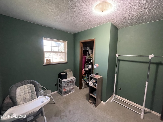 misc room featuring carpet and a textured ceiling