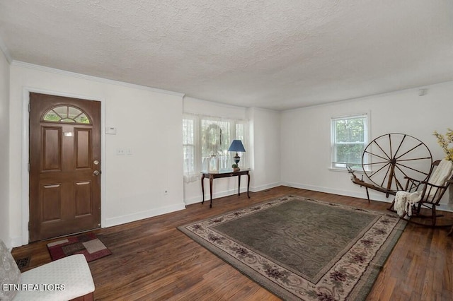 entrance foyer with a textured ceiling, dark hardwood / wood-style floors, a wealth of natural light, and crown molding