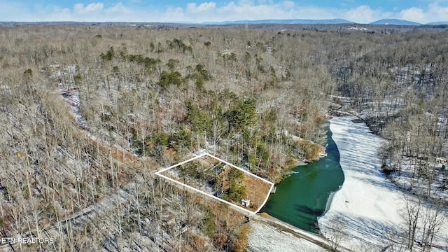 drone / aerial view featuring a water and mountain view