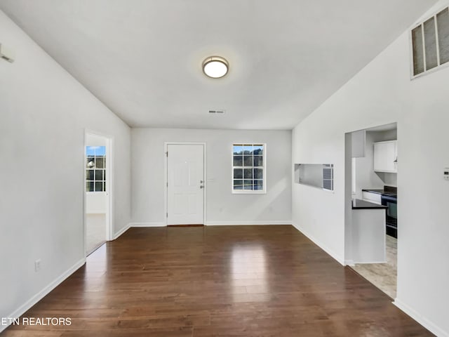 entrance foyer with lofted ceiling and dark wood-type flooring