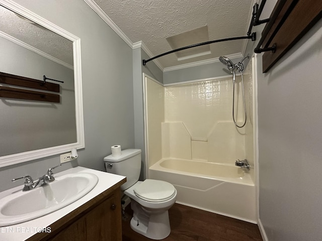 full bathroom featuring crown molding, a textured ceiling, wood-type flooring, shower / bath combination, and vanity