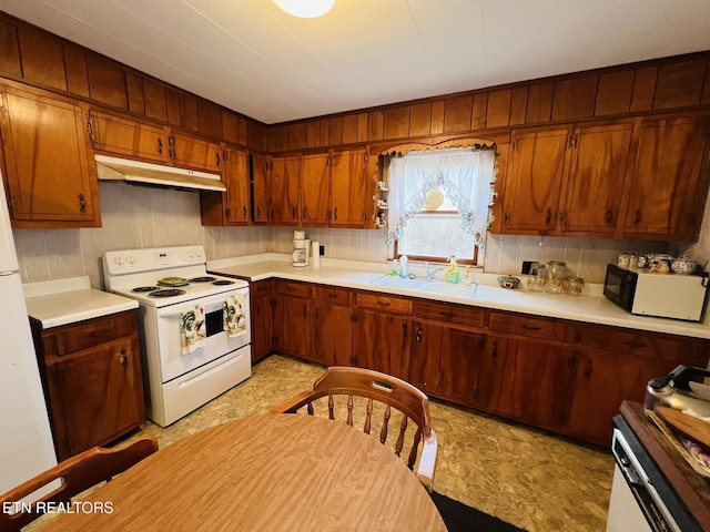 kitchen with white electric stove and sink