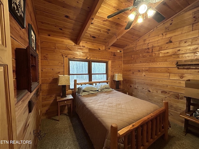 carpeted bedroom with vaulted ceiling with beams, ceiling fan, wooden walls, and wood ceiling