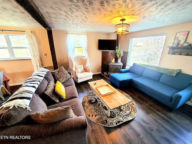 1471 Harold Patterson Rd, Dandridge, TN 37725 - living room featuring wood finished floors, a wood stove, and a textured ceiling