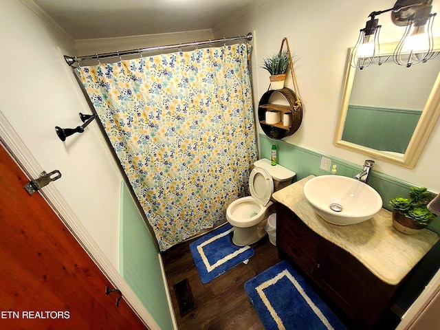 1471 Harold Patterson Rd, Dandridge, TN 37725 - bathroom with ornamental molding, vanity, wood finished floors, curtained shower, and wainscoting