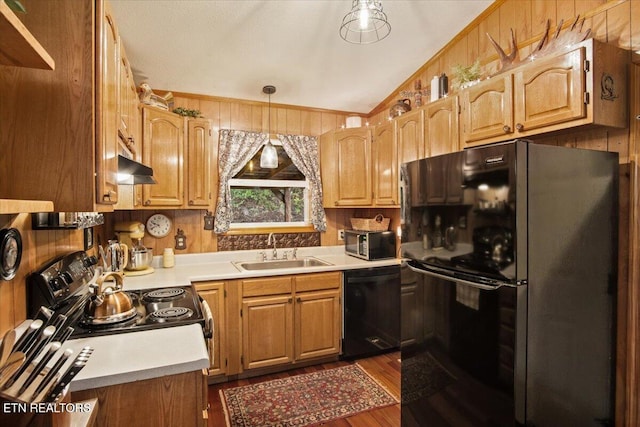 kitchen with black appliances, dark hardwood / wood-style floors, sink, and hanging light fixtures