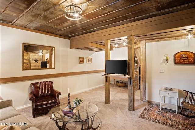 interior space with light colored carpet and wood ceiling