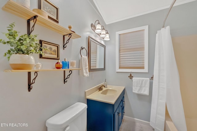 full bathroom featuring vanity, toilet, shower / bathtub combination with curtain, and ornamental molding