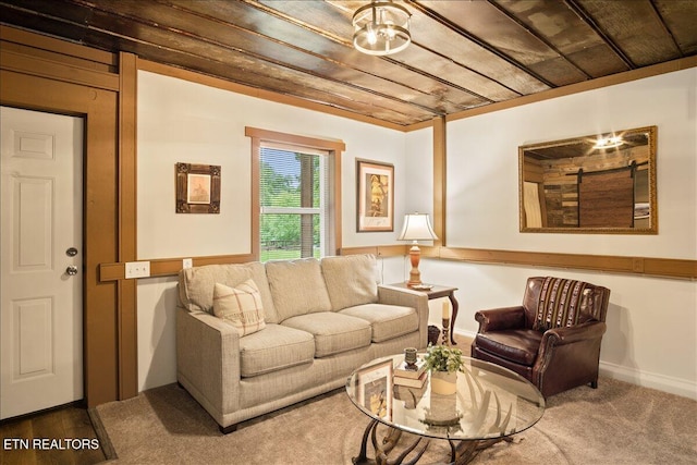 carpeted living room featuring wooden ceiling