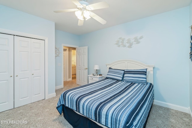 bedroom featuring light carpet, a closet, and ceiling fan