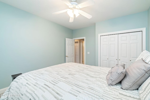 bedroom with ceiling fan and a closet