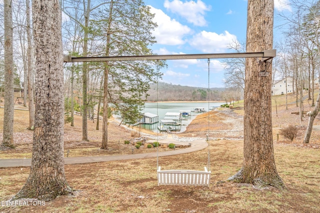 view of community with a water view and a boat dock