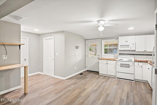 kitchen featuring backsplash, white cabinetry, white appliances, and wood counters