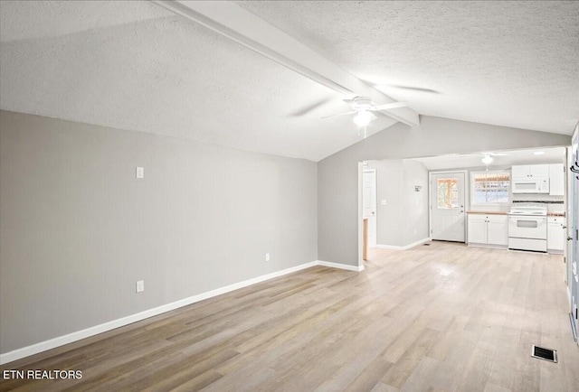 bonus room featuring ceiling fan, light hardwood / wood-style flooring, lofted ceiling with beams, and a textured ceiling