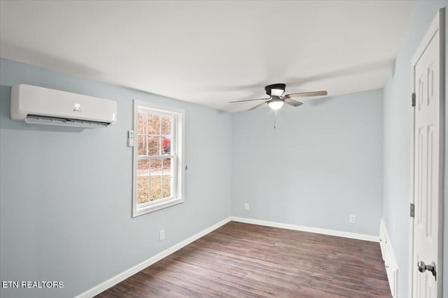 empty room with ceiling fan, a healthy amount of sunlight, an AC wall unit, and dark wood-type flooring