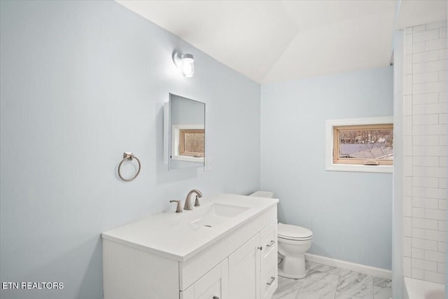 bathroom featuring vanity, vaulted ceiling, and toilet