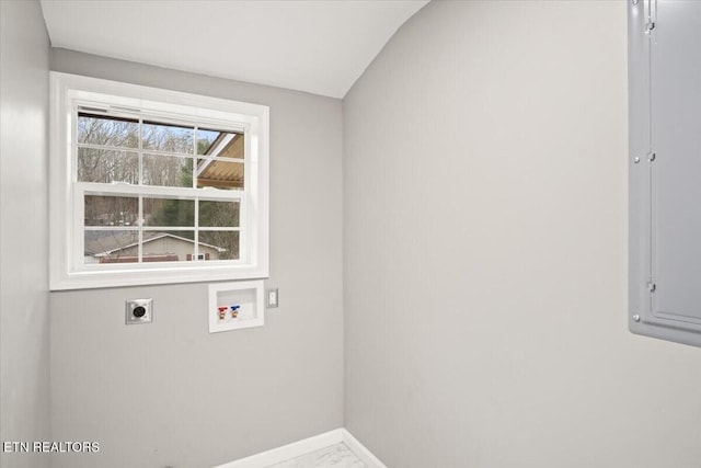 laundry area with electric dryer hookup, electric panel, and hookup for a washing machine