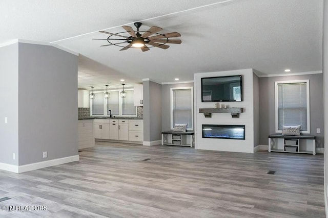 unfurnished living room with light hardwood / wood-style floors, sink, and crown molding